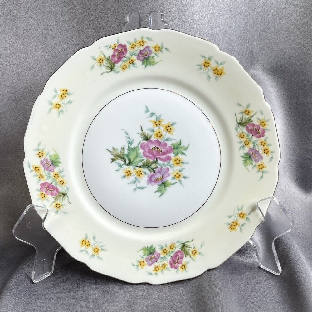 Set of 4 Black Knight Germany Yellow Pink Floral Gold Trim Dinner Plates 10"